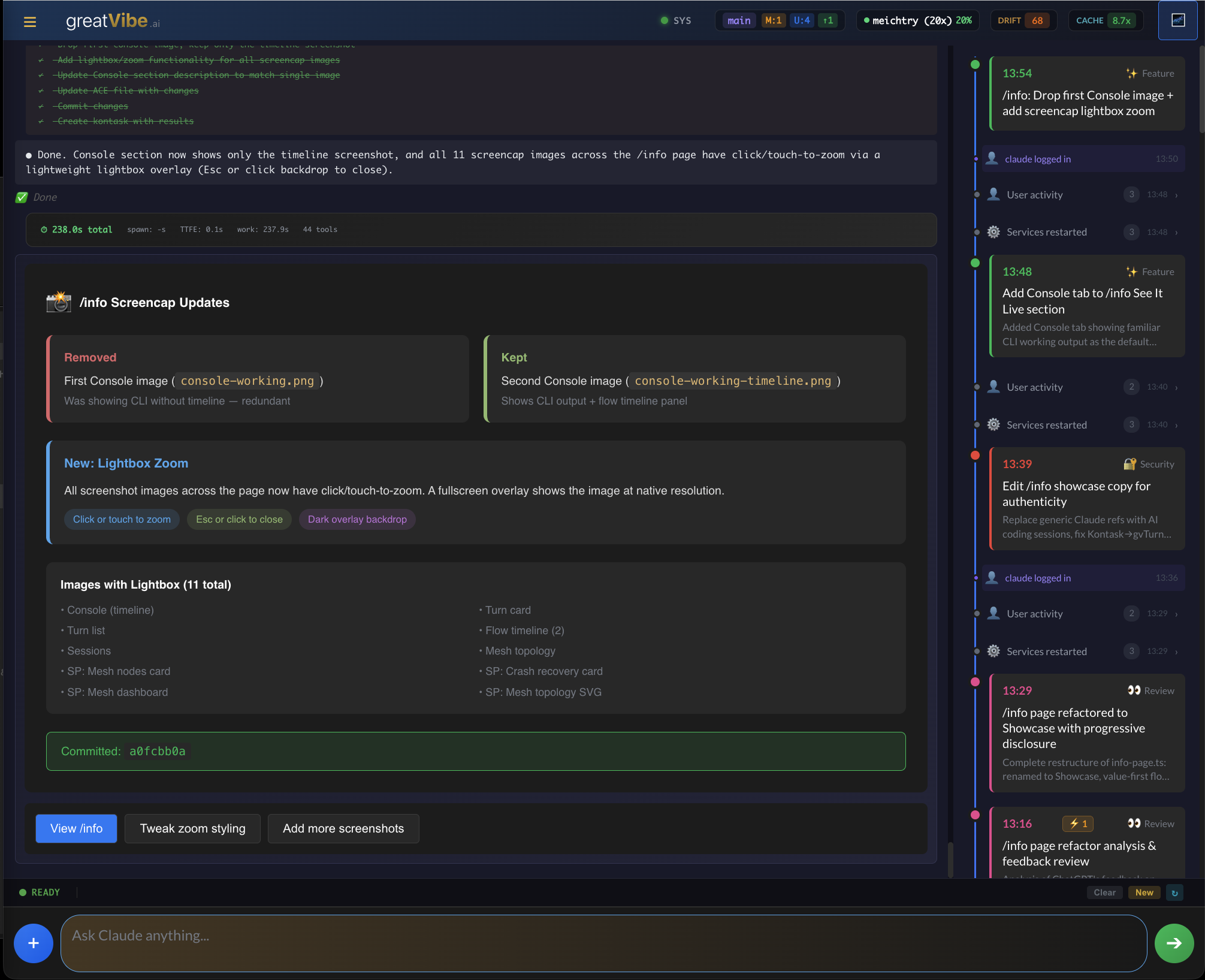 Turn card showing improvement summary with status badges, feature list, and action buttons